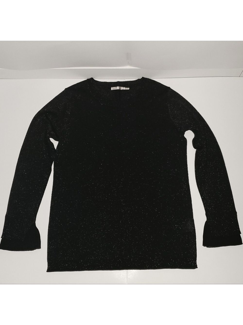 Esqualo Woven Knit Crewneck Sweater Long Sleeves Black Metallic Silver Medium
